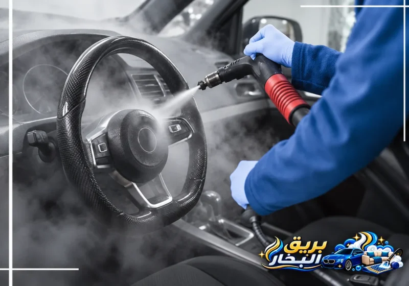 تنظيف مقود السيارة بالبخار ضمن خدمة تلميع سيارات برأس تنورة لإزالة الأوساخ وتعقيم المقصورة بشكل فعال